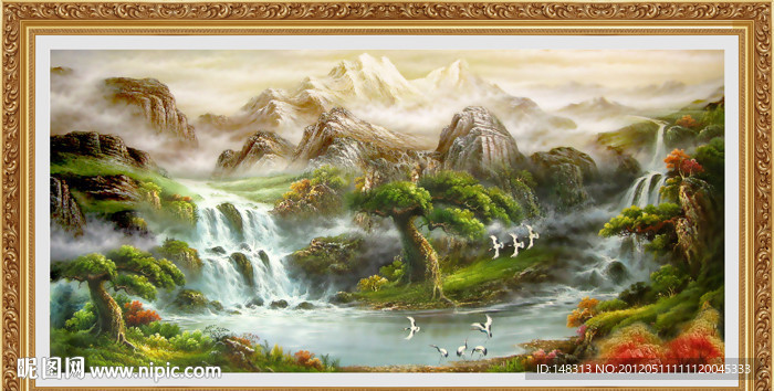 山水风景画 山水画 油画风景 流水生财图片