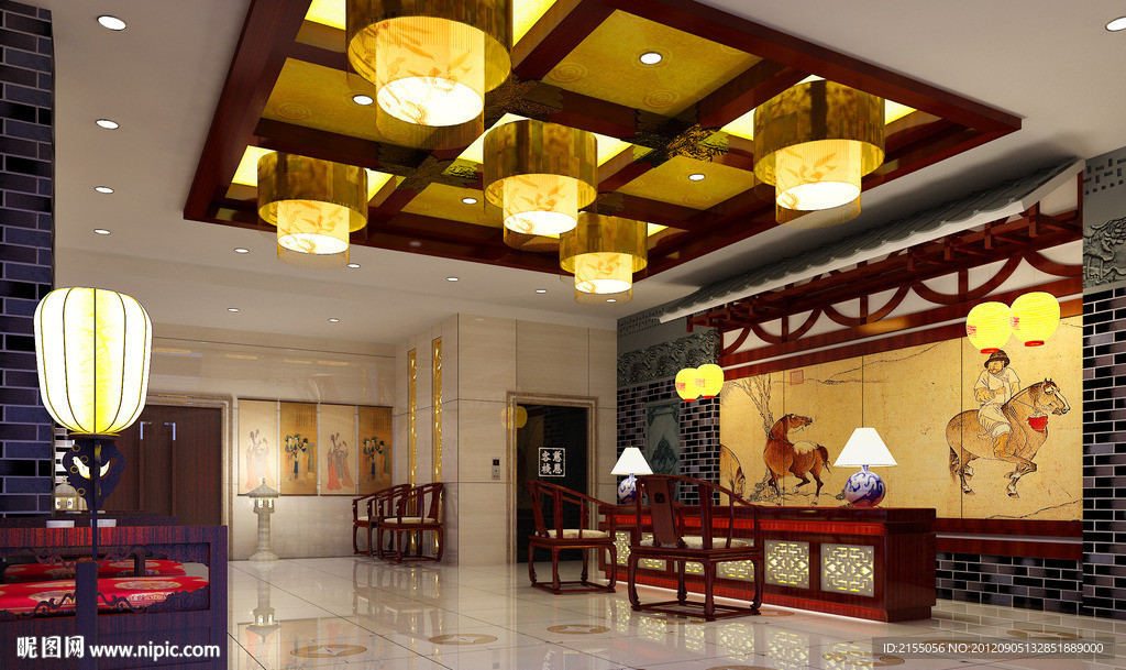 中式酒店宾馆前厅室内效果图3d模型源文件