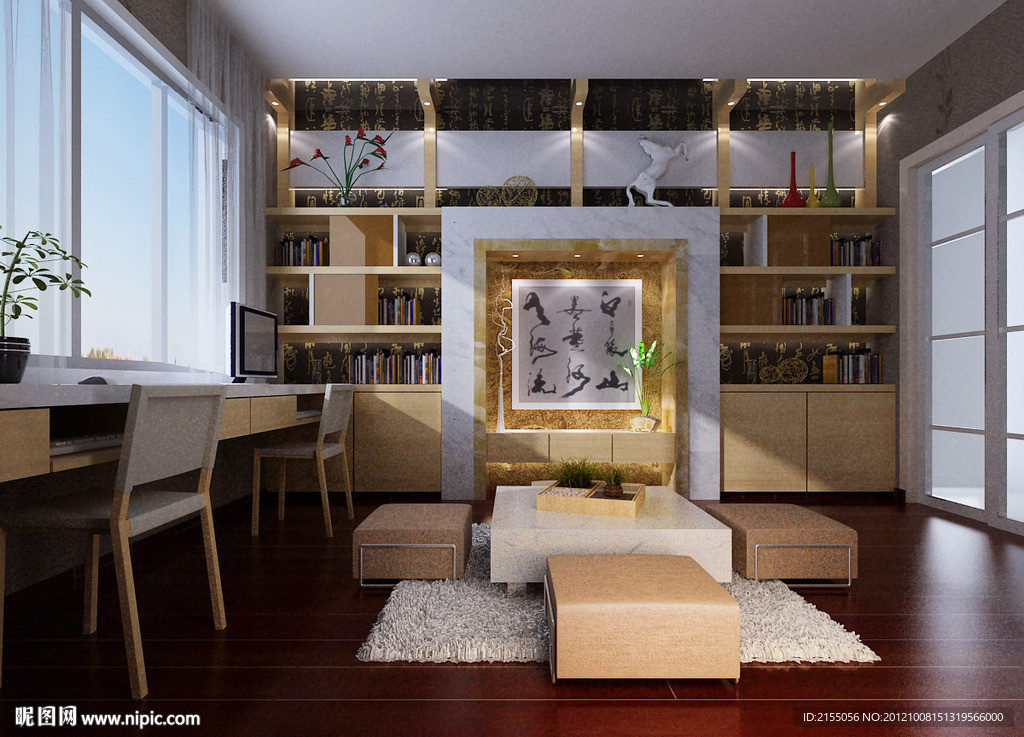 温馨小书房室内效果图3d模型源文件