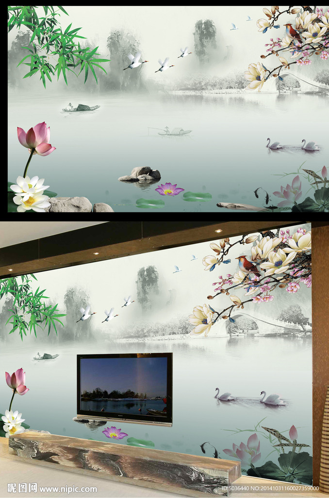 花鳥圖 電視背景墻