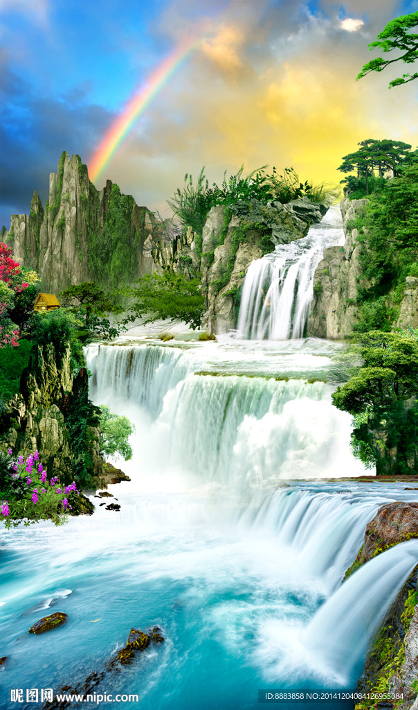竖版彩虹瀑布风景山水画图片