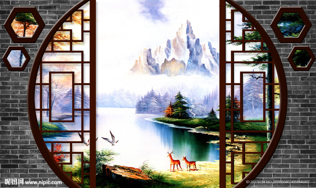 中式古窗假墙面欧式山水风景油画