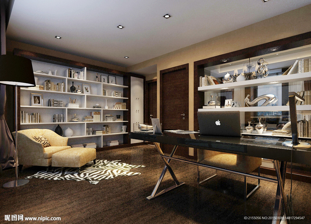 现代书房3d模型室内效果图