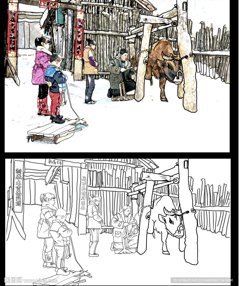 手繪東北農(nóng)村給牛掛餦 獨立線稿