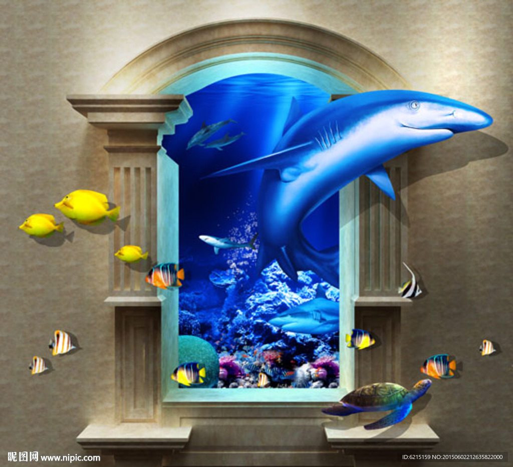 3D立体鲨鱼壁画