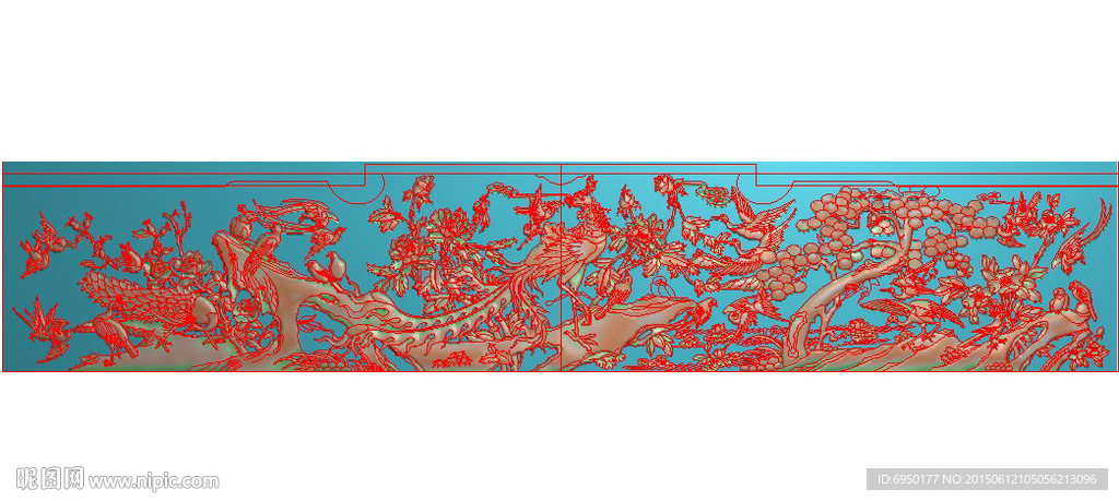 凤凰牡丹松鹤背板精雕图浮雕灰度