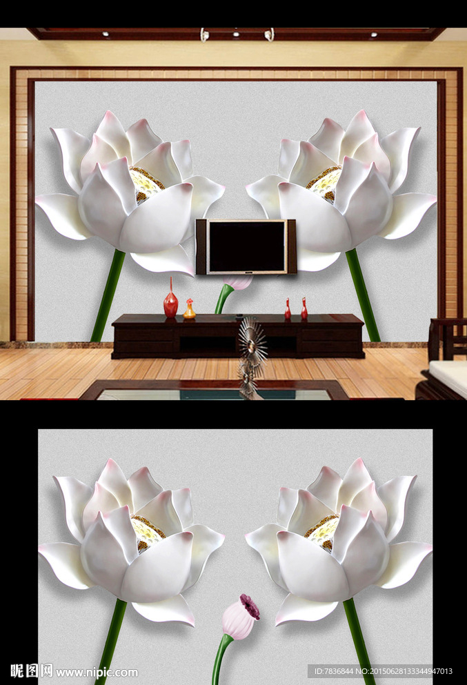 3d立體浮雕荷花電視背景墻