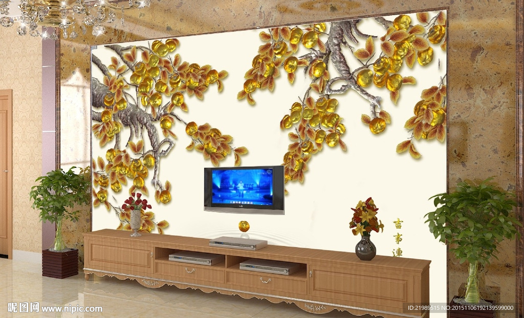 客厅彩雕金色橘子电视背景墙