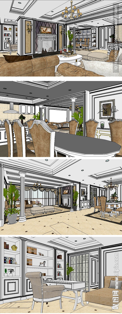 欧式样板间客餐厅草图大师模型