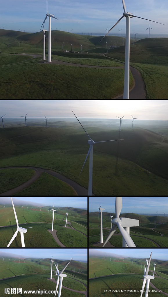 蓝天绿野风力发电风车实拍视频