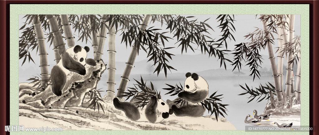 竹子水墨熊猫国画