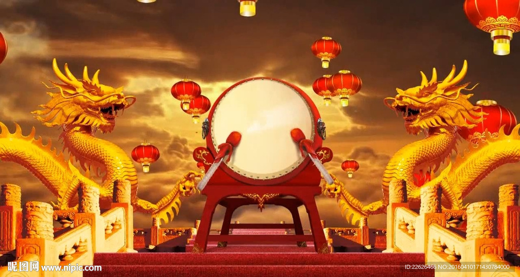 震撼大氣中國風(fēng)雙龍擊鼓燈籠視頻