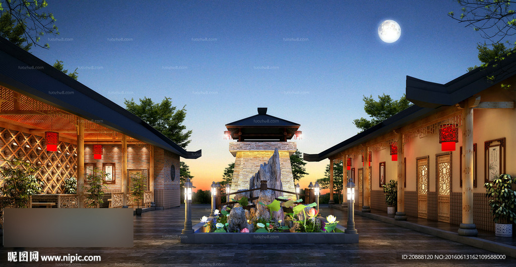 中式飯店夜景效果圖