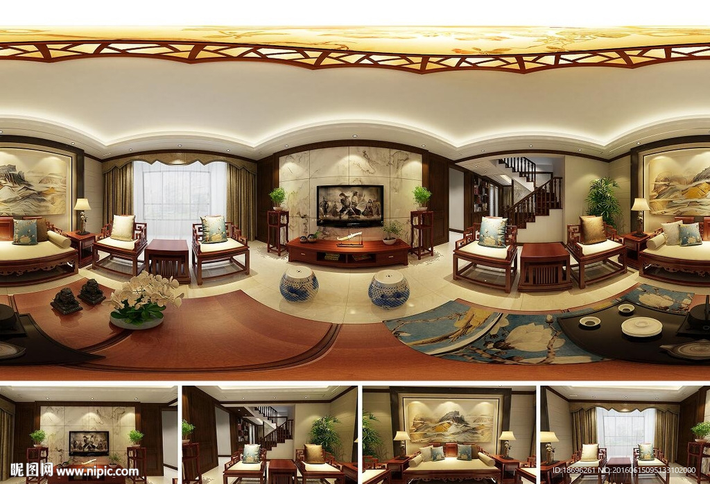 香邑溪谷中式客厅全景效果图模型
