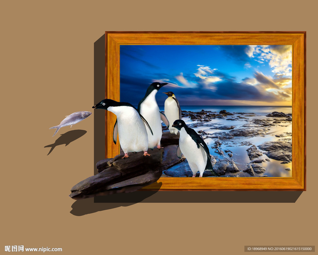 3D立体墙画 企鹅吃鱼