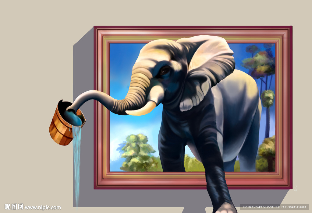3D墙画 立体画 大象喝水