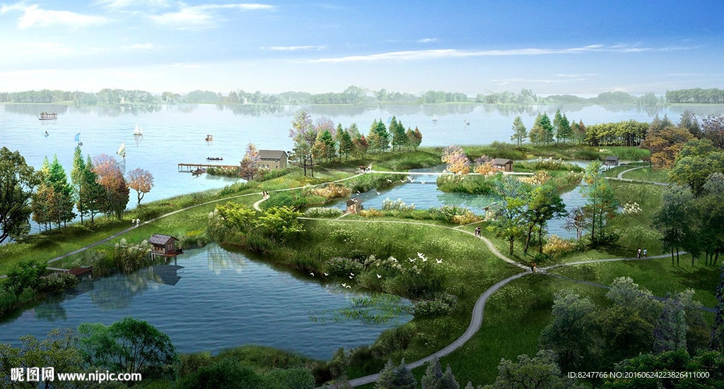 湖边湿地公园小路交叉规划景观建