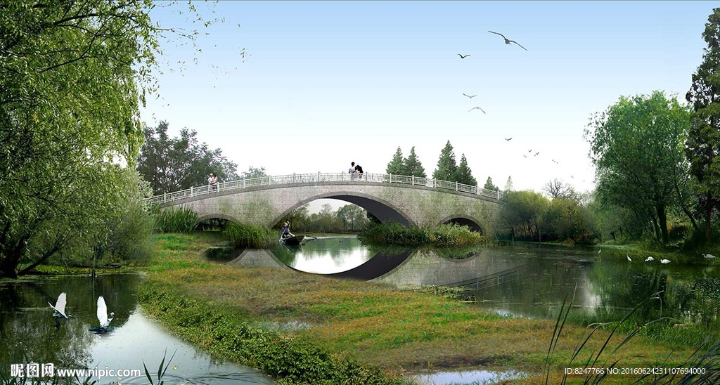 湿地公园石桥景观建筑效果图