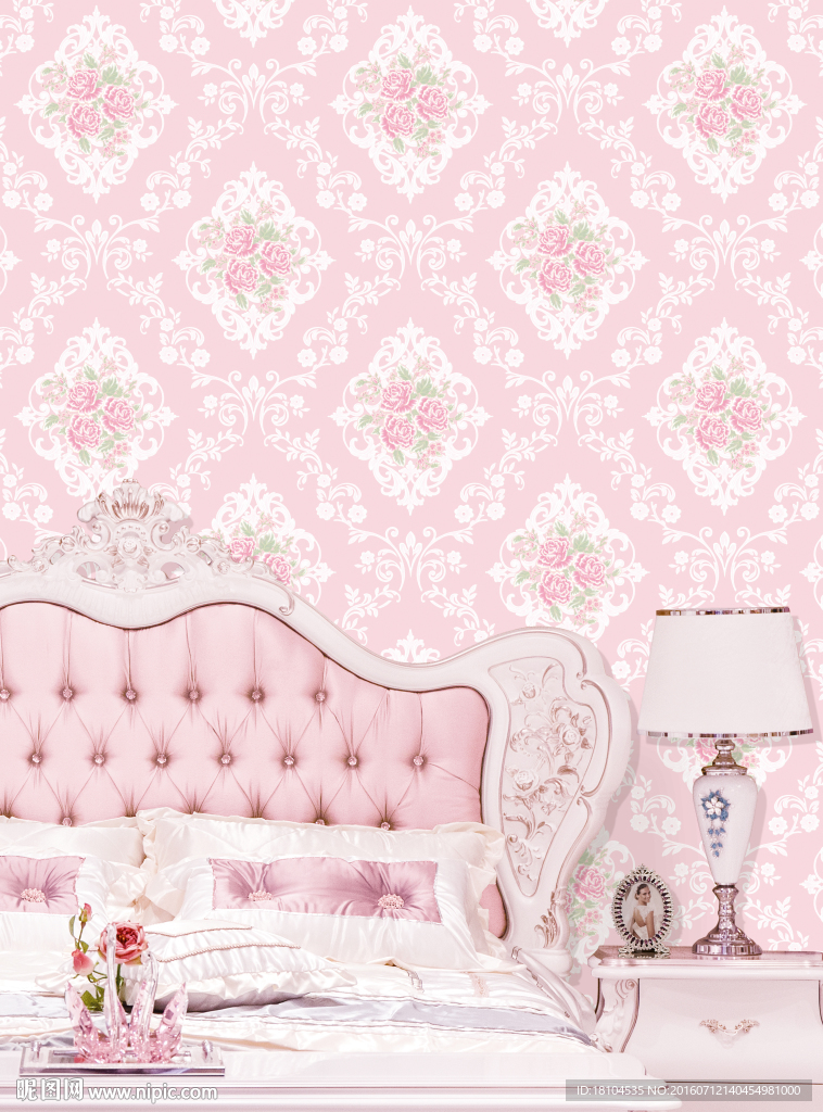 粉色卧室 粉色床 田园花壁纸
