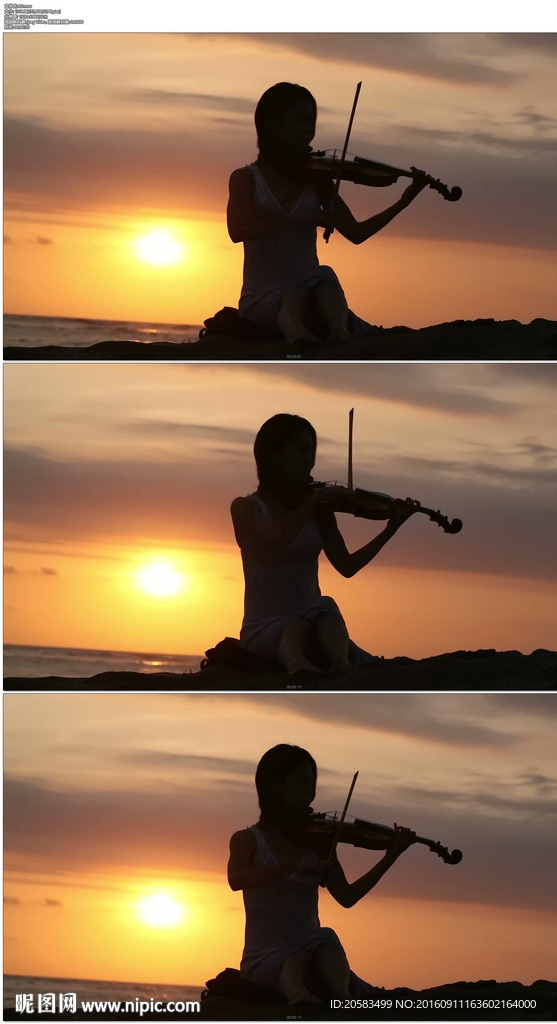美女夕阳海边拉小提琴