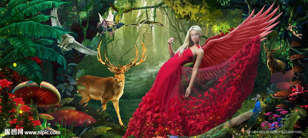 红裙美女森林唯美写真模板