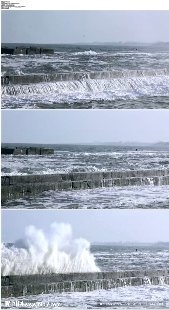 海浪冲击河提形成巨大浪花