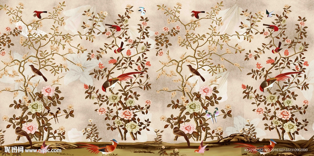復(fù)古花鳥壁畫