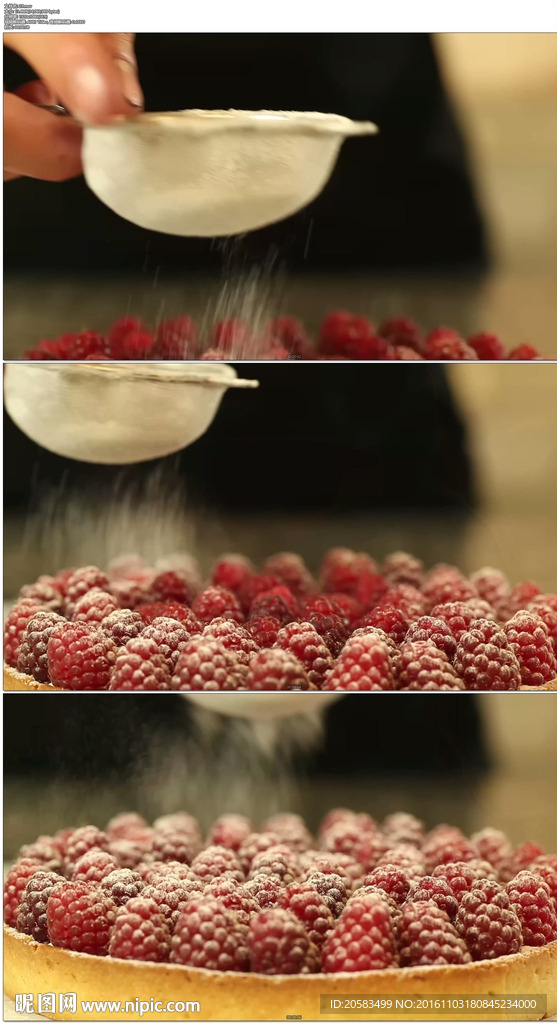 在覆盆子上撒糖制作甜點
