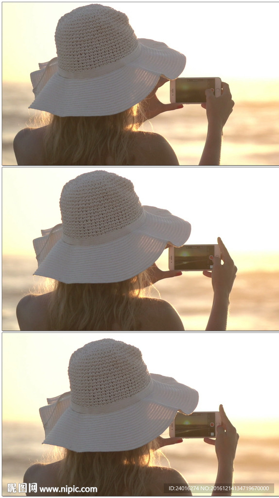 美女拿手机拍摄海洋日落