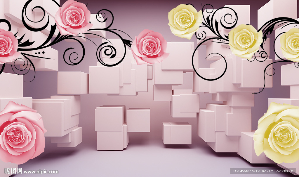 3D方块玫瑰花素材（分层）