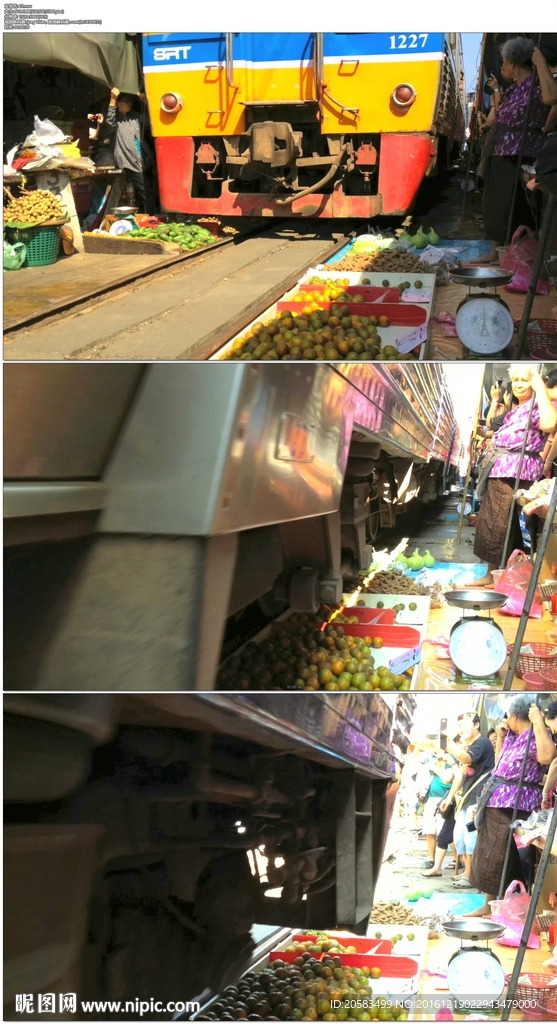 泰国曼谷火车经过菜市场