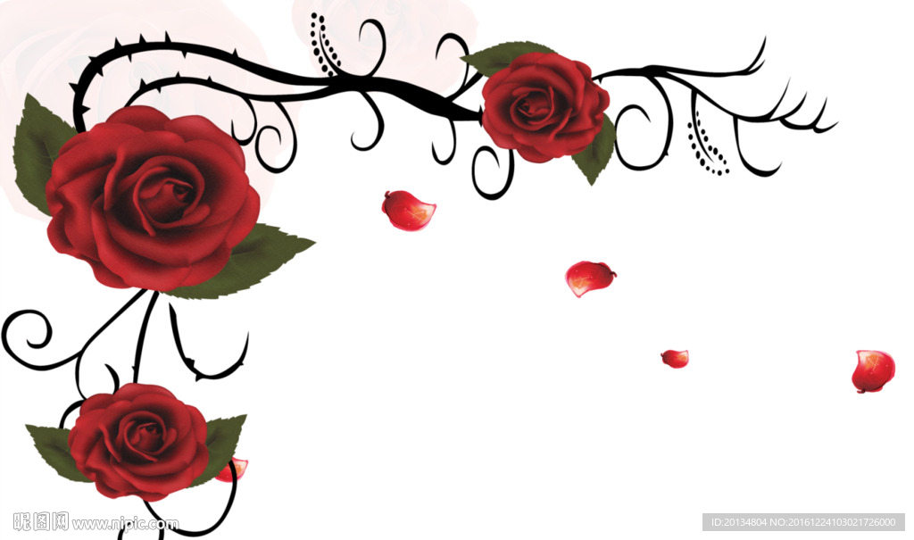 简约藤蔓红色玫瑰花卉电视背景墙