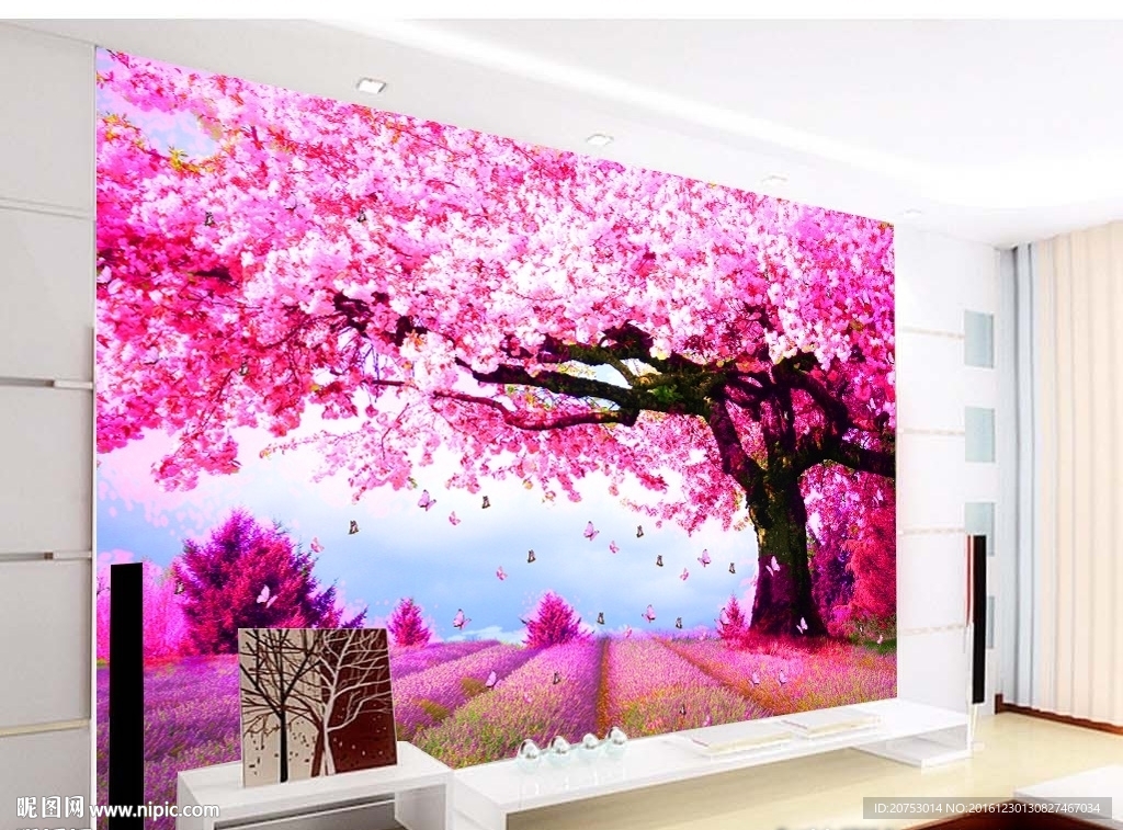 浪漫樱花树大树电视背景墙