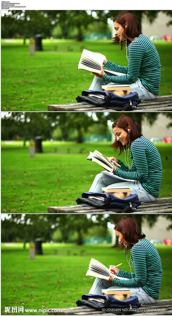 女学生在草地公园凳子上听歌看书