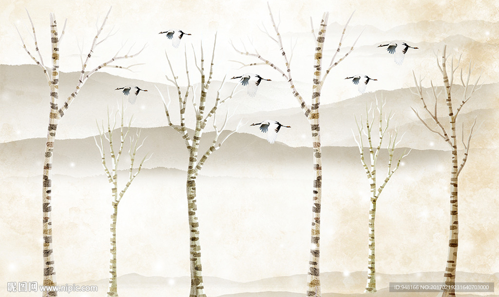 简约中式树林树枝装饰画背景墙