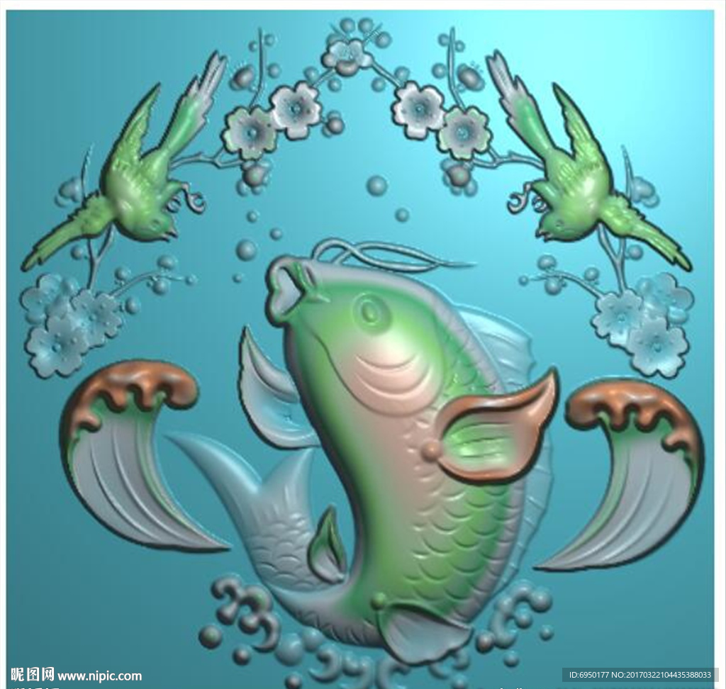 梅花鳥鯉魚掛件牌子精雕圖浮雕圖
