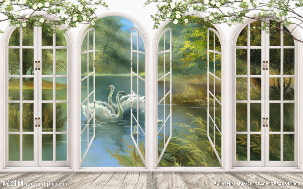 3D立体假窗油画天鹅湖背景墙