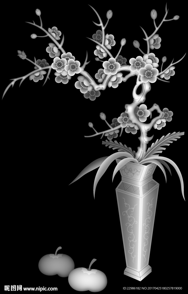 花瓶梅花浮雕灰度图