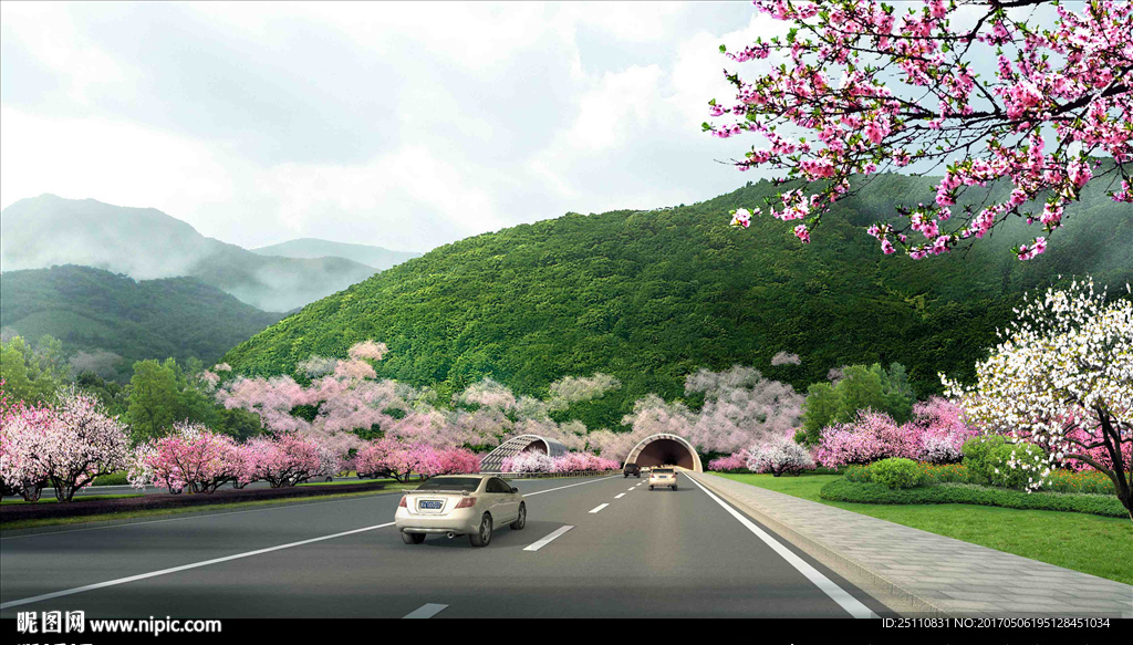 山体隧道景观设计桃花樱花表现图