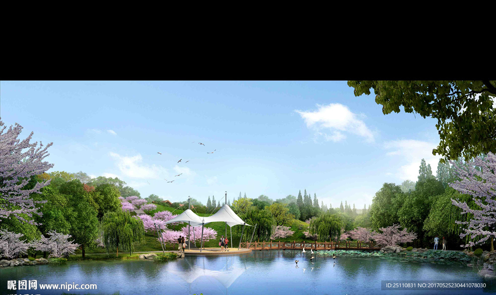 张拉膜湖边水景樱花景观图