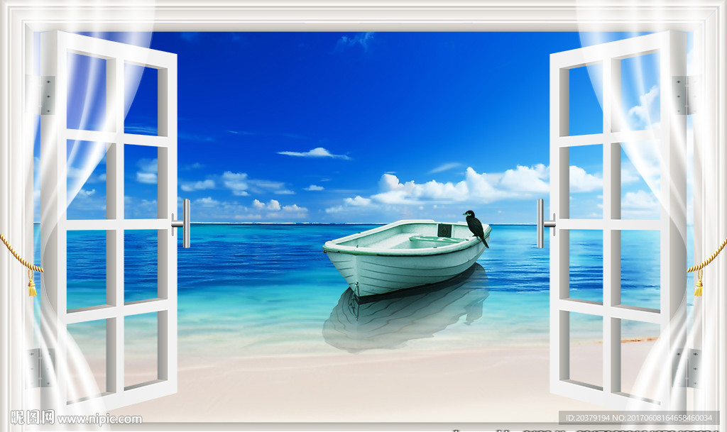 3D海景窗户船只沙滩