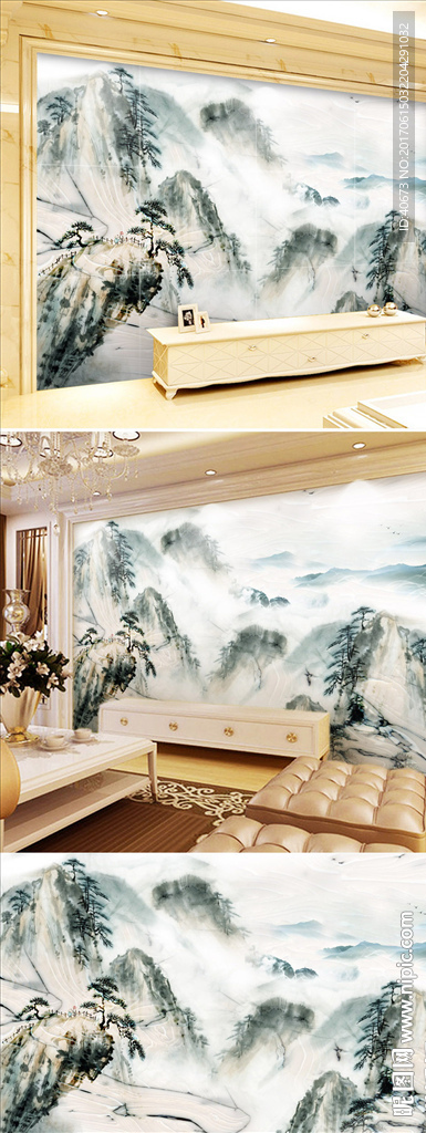 新中式石纹山水客厅背景墙装饰画