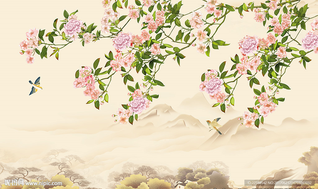 國畫花鳥圖大型壁畫
