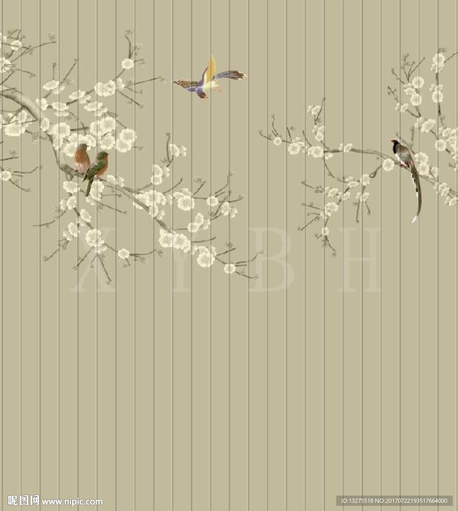 中式現代手繪花鳥背景