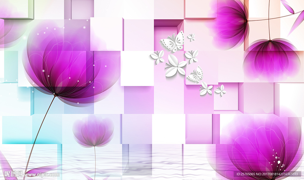 梦幻紫色花卉蝴蝶砖墙电视背景墙