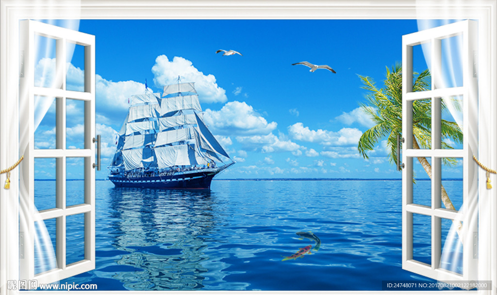 3D立体假窗海面帆船一帆风顺