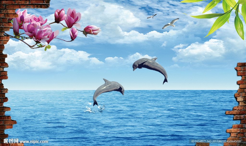 大海跳跃的海豚3D立体砖墙风景