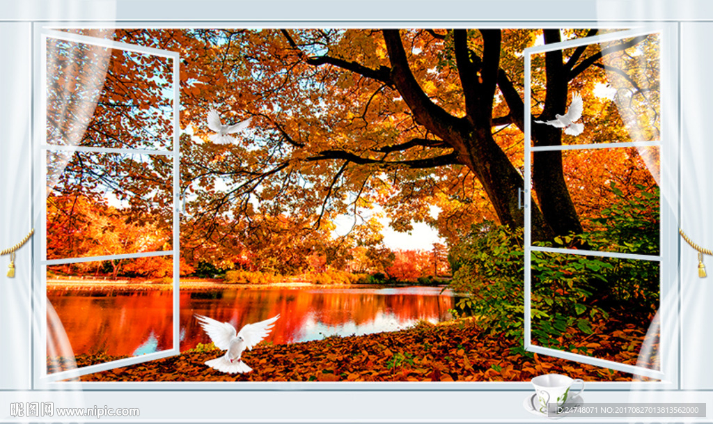 3D立体假窗秋天红叶湖泊风景