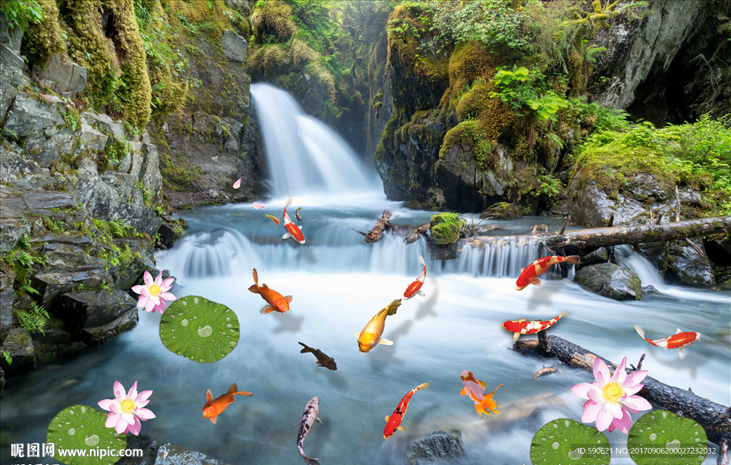 瀑布鯉魚(yú)電視背景墻