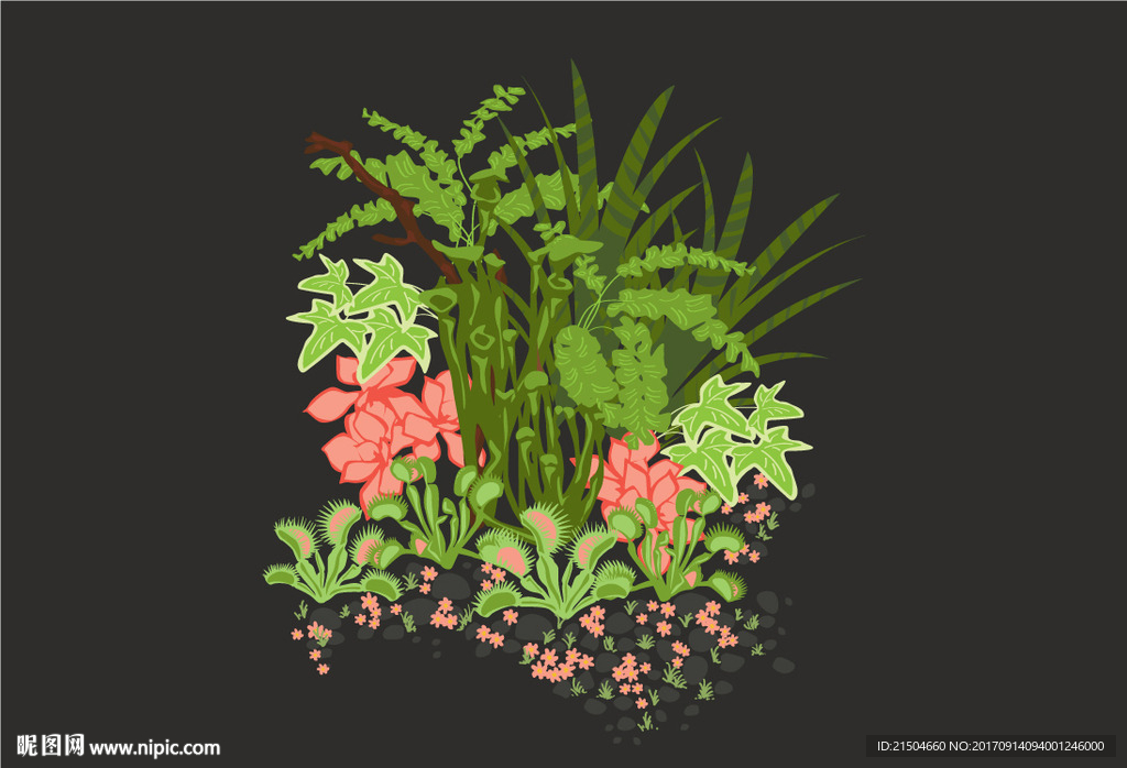 精致矢量彩色植物神秘花园插画